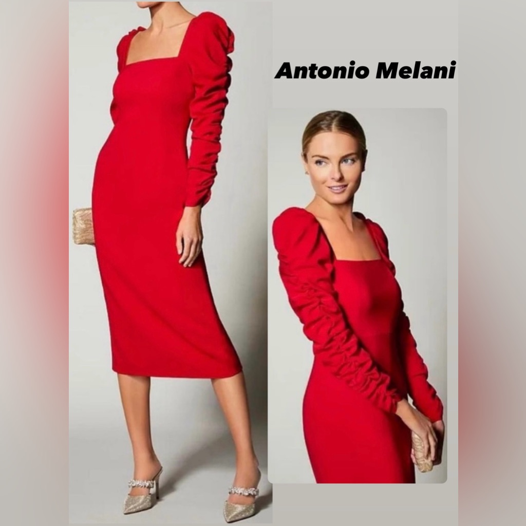 Antonio Melani Francine Cherry Red Square Neck Long Ruched Sleeve Dress Size 6